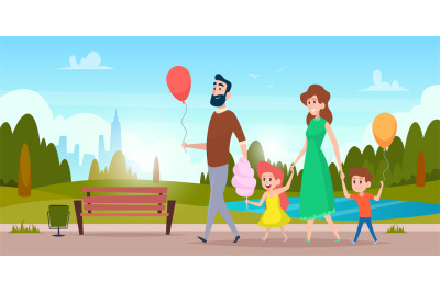 Family park walking. Parents outdoor activities with kids exact vector