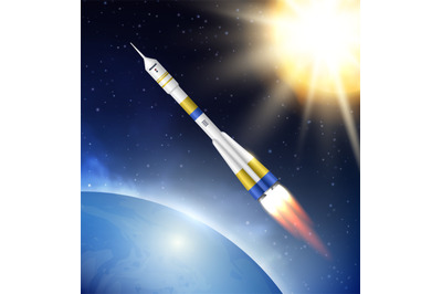 Rocket in space. Flying jet rocket in cosmos stratosphere with big fut