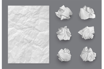 Paper texture. Crumpled balls and realistic writing piece of damaged p