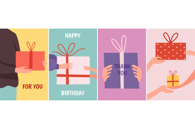 Cards with gift. Hands holding present boxes&2C; thank you happy birthday