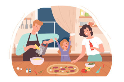 Family cooking pizza. Mother daughter bake dinner, parents and child s