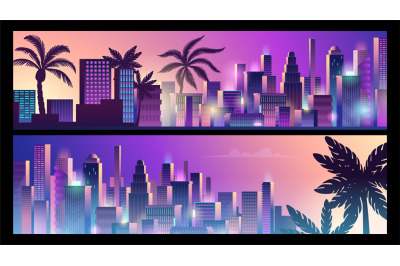 Neon city banners. Cyberpunk style background, downtown and palms silh