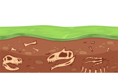 Paleontology bones. Archeology, underground dinosaur skeleton and skul