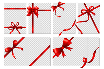 Transparent cards. Banners with realistic red bows and ribbon. Isolate