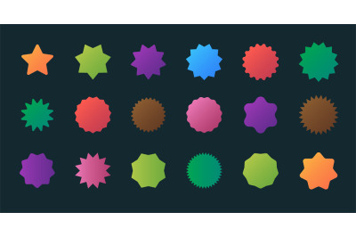 Colored stars emblems. Round sticker shapes promo burst stars sales st