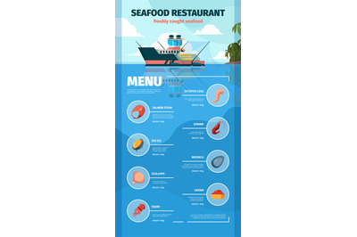 Seafood menu. Delicious exotic restaurant marine products fishes lobst