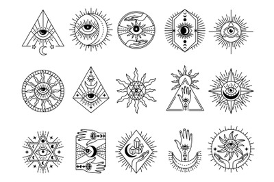 Mystical symbols. Occult emblems meditation magic esoterism and alchem