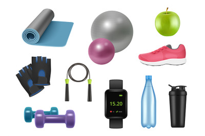 Realistic fitness equipment. Sport symbols for healthy lifestyle 3d it