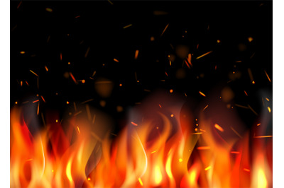 Fire background. Burning flame particles different glowing sparks dece