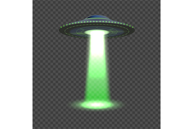 Aliens spaceship. UFO lights, 3d space object. Flying plate ship with