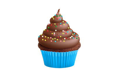 Chocolate cupcake. Realistic cake, sweet dessert with decorative choco