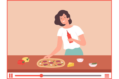 Girl cook pizza. Culinary blogger, food preparation online tutorial. H