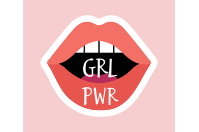 Girl power badge. Sexy red lips, cartoon feminists label. Female mouth