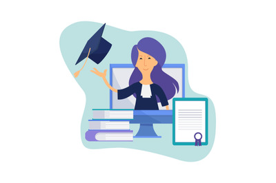 Remote graduation. Girl graduate online courses, modern study process.