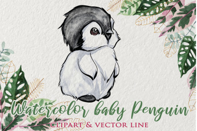 Baby penguin clipart, watercolor illustrtation, Cute penguin png, ice,