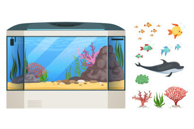 Aquarium. Cartoon fish, seaweed or water plants. Empty glass cube for