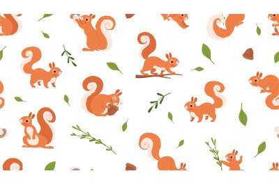 Cute squirrel pattern. Forest wildlife, cartoon red squirrels vector s