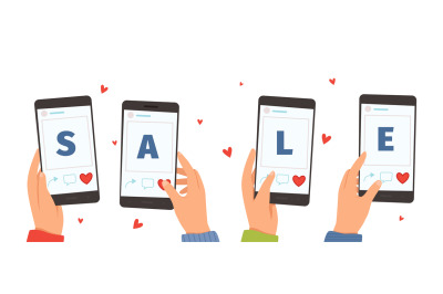 Hands holding smartphones. Sale banner&2C; people using mobile for online