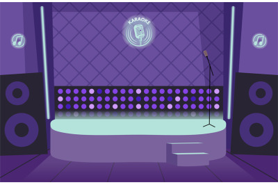 Karaoke bar interior. Empty stage, lights and microphone. Nightclub or