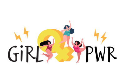 Three plump woman. Girl power, dancing female characters. Women femini