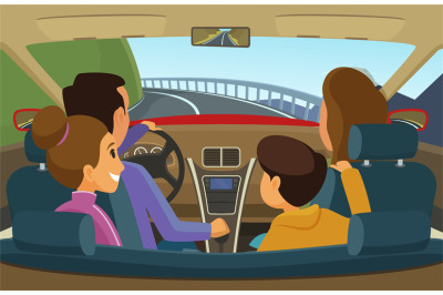 Family in car. Mother father and kids travelling in automobile people