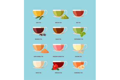 Tea types. Different drinking beverage products in glass cups tasty mo