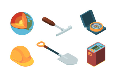 Earth exploration. Isometric geologist equipment ground layers mantle