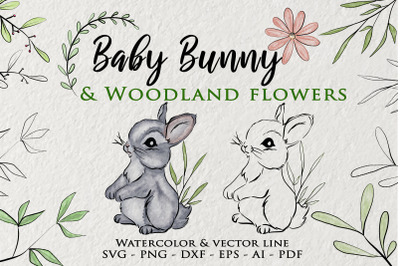 Baby bunny clipart&2C; Easter Bunny Clipart&2C; Watercolor woodland flowers