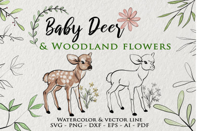 Baby Deer Clipart, Watercolor woodland flowers set, Woodland Animals