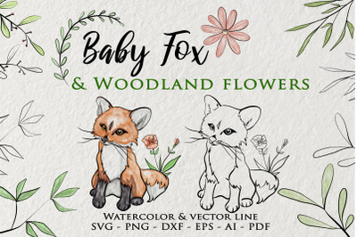 Baby fox Clipart, Watercolor woodland flowers set, Woodland Animals