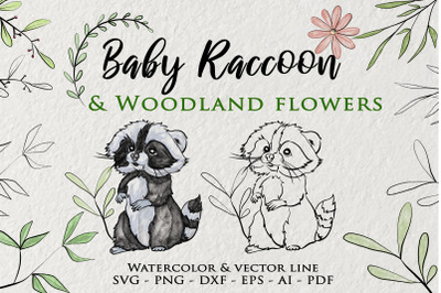 Baby Raccoon Clipart, Watercolor woodland flowers set, Woodland Animal