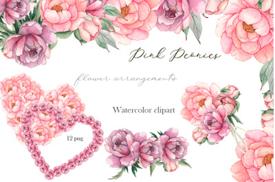 Watercolor Pink Peonies border Clipart&2C; Wedding peony floral