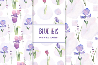 Blue iris watercolor seamless patterns set