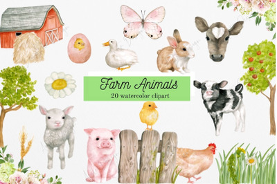 Watercolor Farm Animals, Watercolor Farmhouse, Red Barn Clipart
