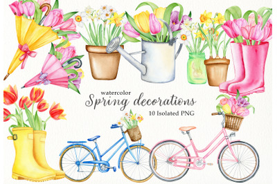 Watercolor spring decorations clipart set. Gardening spring flower PNG