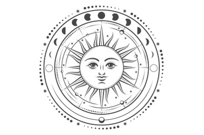 Esoteric Symbol of Sun with Phases of Moon and Planets Illustration