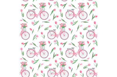Bicycle with tulips watercolor seamless pattern. Pink bike. Spring.