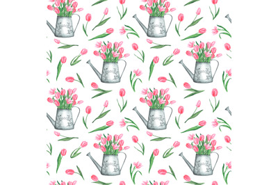 Watering can, tulip watercolor seamless pattern. Spring garden bouquet
