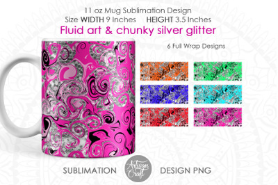 Acrylic pour art mug with chunky silver glitter, fluid art, sublimatio