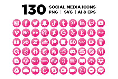 Pink Circle Social Media Icons Set
