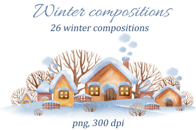 Set of watercolor winter compositions. 26 PNG files.