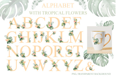 Alphabet with tropical flowers. Individual elements of png.