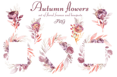 Watercolor set of frames and bouquets. Transparent background