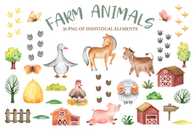 Farm animals. Set of watercolor isolated elements.