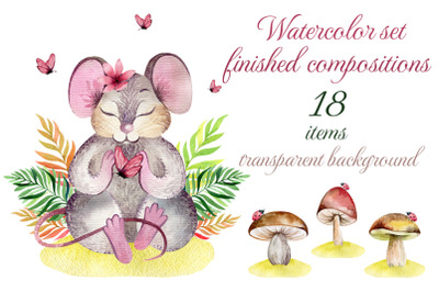 Forest mice. 18 Watercolor individual items. PNG.