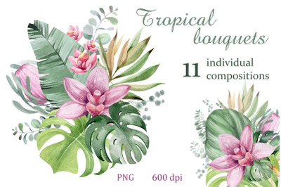 Set of tropical bouquets. Watercolor flowers png for sublima