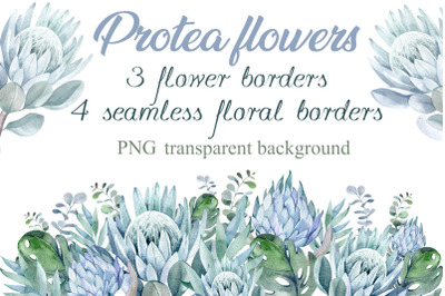 Watercolor set of floral borders. Transparent background.