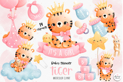Baby girl tiger clipart, baby girl clipart, baby shower tiger clipart,