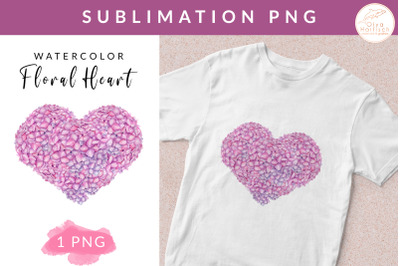 Watercolor Floral Heart Sublimation PNG. Pink Hydrangea Flower Clipart