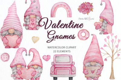Watercolor Valentine Gnomes Clipart